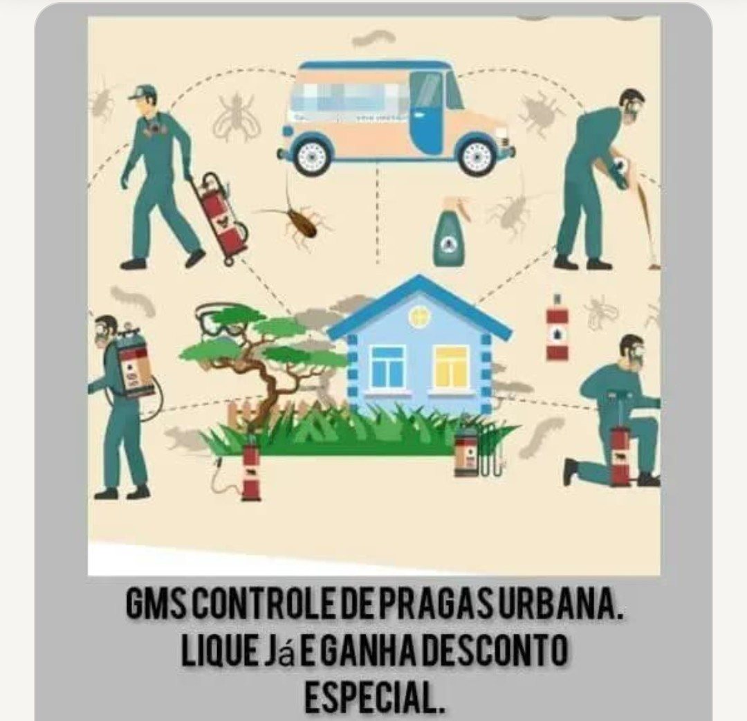 Arte ilustrada da GMs Controle de Pragas Urbanas com a equipe aplicando produto ao redor de uma casa